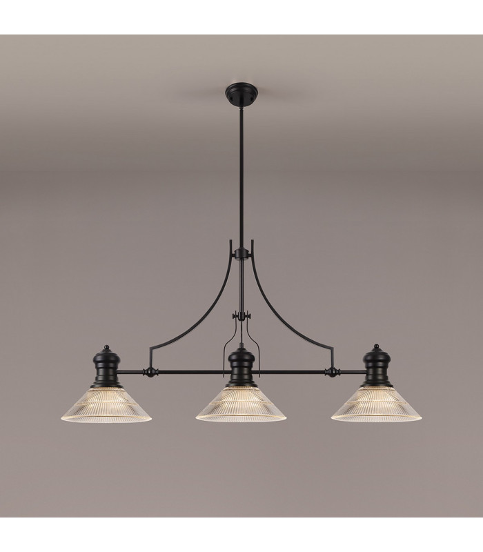 Cairo 3 Light Linear Multi Height Pendant E27 30cm Cone Glass Shade Matt Black Clear-3