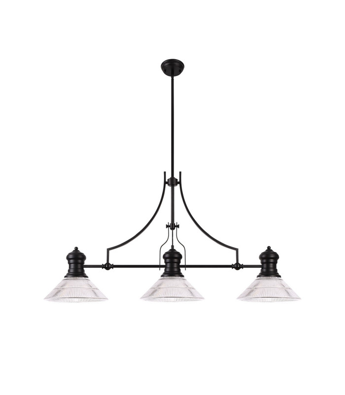 Cairo 3 Light Linear Multi Height Pendant E27 30cm Cone Glass Shade Matt Black Clear-4