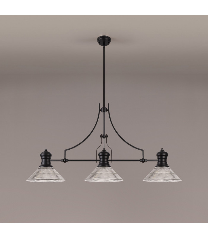 Cairo 3 Light Linear Multi Height Pendant E27 30cm Cone Glass Shade Matt Black Clear-11