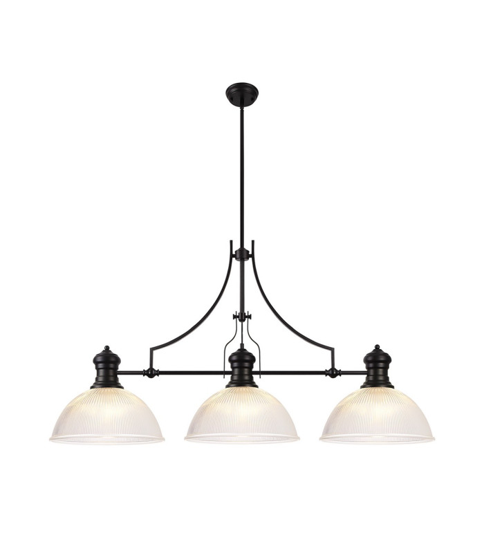 Cairo 3 Light Linear Multi Height Pendant E27 38cm Dome Glass Shade Matt Black Clear-1