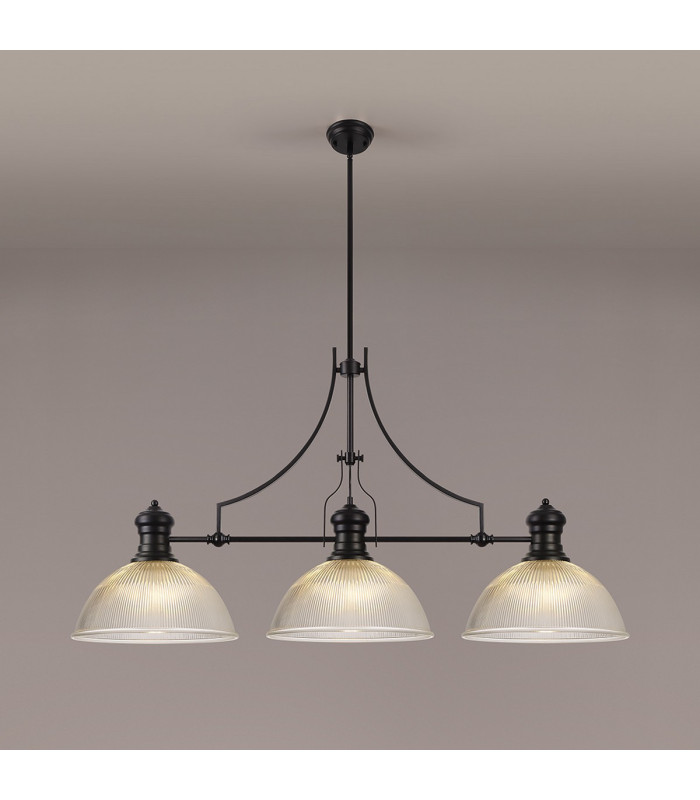 Cairo 3 Light Linear Multi Height Pendant E27 38cm Dome Glass Shade Matt Black Clear-3