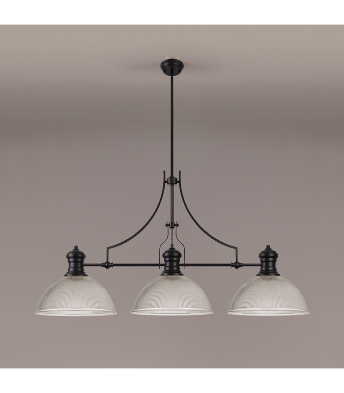 Cairo 3 Light Linear Multi Height Pendant E27 38cm Dome Glass Shade Matt Black Clear-11