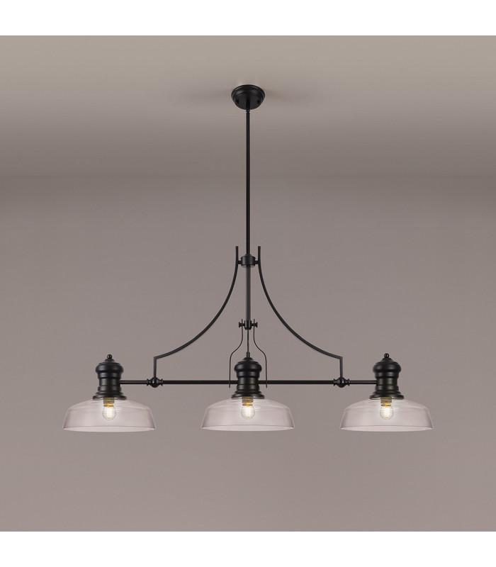 Cairo 3 Light Linear Multi Height Pendant E27 30cm Flat Round Glass Shade Matt Black Clear-3
