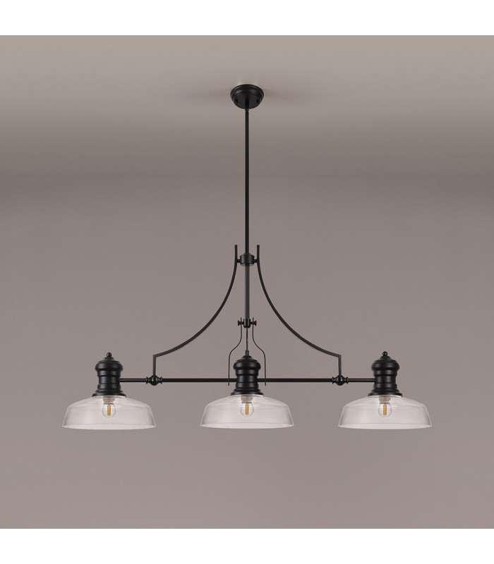 Cairo 3 Light Linear Multi Height Pendant E27 30cm Flat Round Glass Shade Matt Black Clear-11