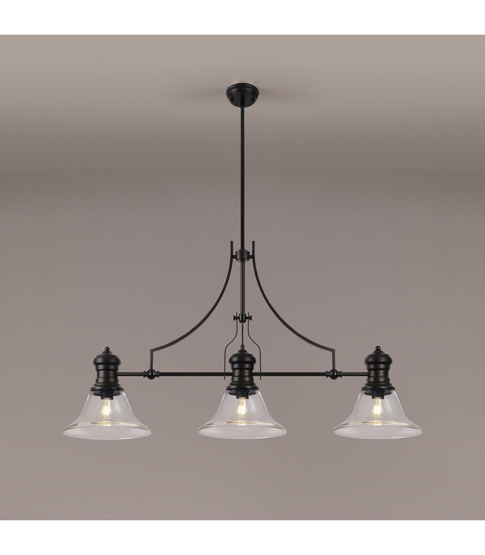 Cairo 3 Light Linear Multi Height Pendant E27 30cm Smooth Bell Glass Shade Matt Black Clear-3