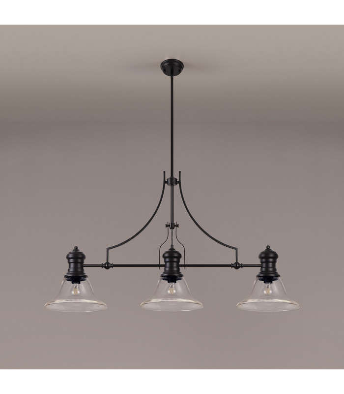Cairo 3 Light Linear Multi Height Pendant E27 30cm Smooth Bell Glass Shade Matt Black Clear-11
