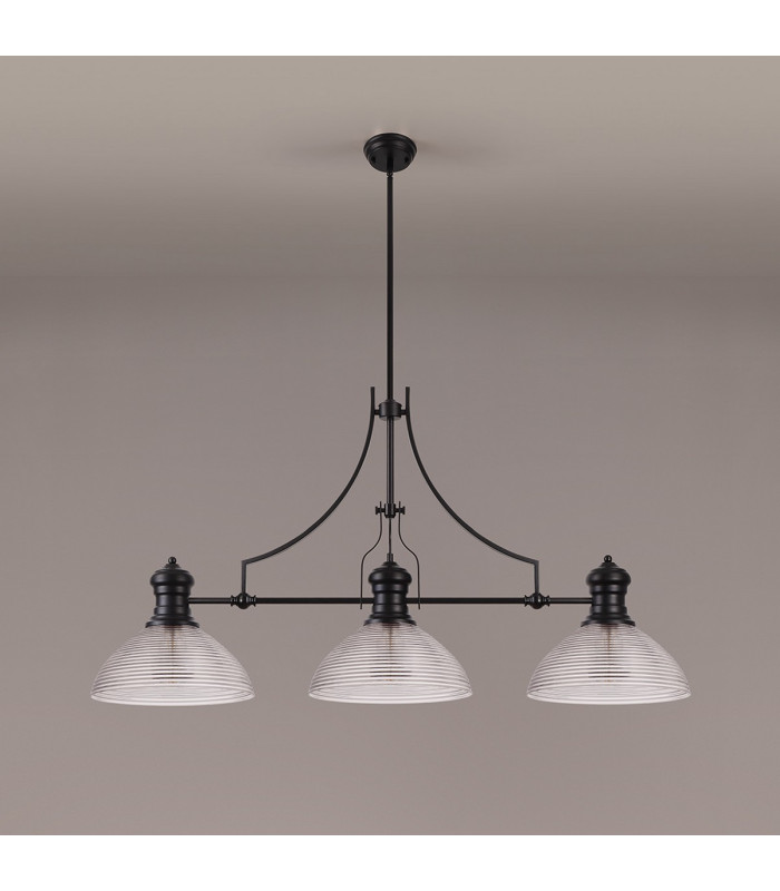 Cairo 3 Light Linear Multi Height Pendant E27 33.5cm Prismatic Glass Shade Matt Black Clear-11