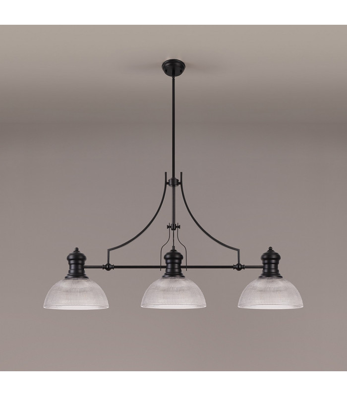Cairo 3 Light Linear Multi Height Pendant E27 30cm Prismatic Glass Shade Matt Black Clear-11