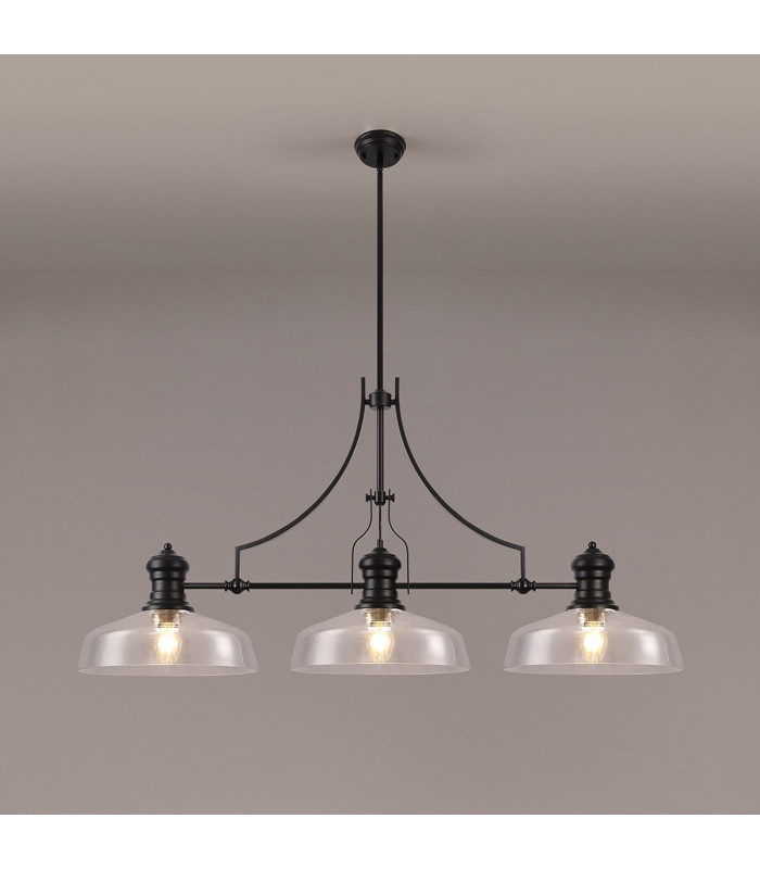Cairo Linear Multi Height Pendant 38cm Flat Round Shade 3 x E27 Matt Black/Clear Glass-3