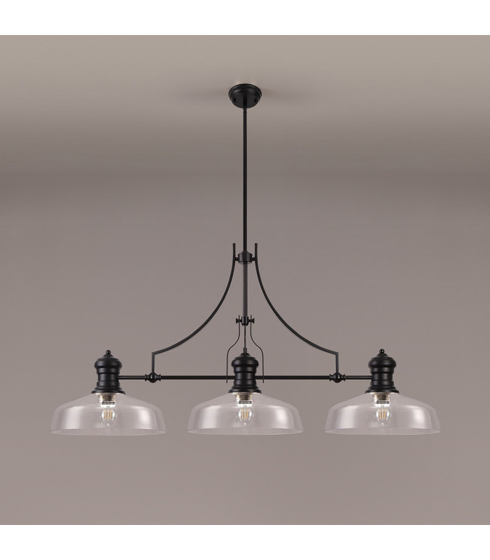 Cairo Linear Multi Height Pendant 38cm Flat Round Shade 3 x E27 Matt Black/Clear Glass-11