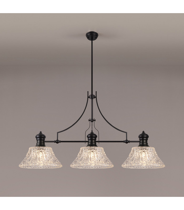 Cairo Linear Multi Height Pendant 38cm Patterned Round Shade 3 x E27 Matt Black/Clear Glass Item Weight: 19.1kg-3