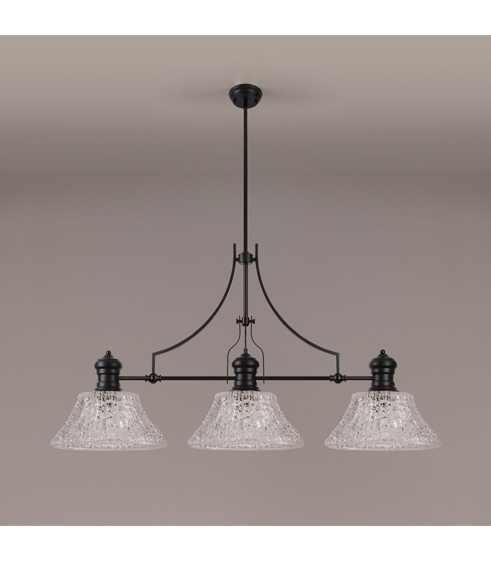 Cairo Linear Multi Height Pendant 38cm Patterned Round Shade 3 x E27 Matt Black/Clear Glass Item Weight: 19.1kg-11