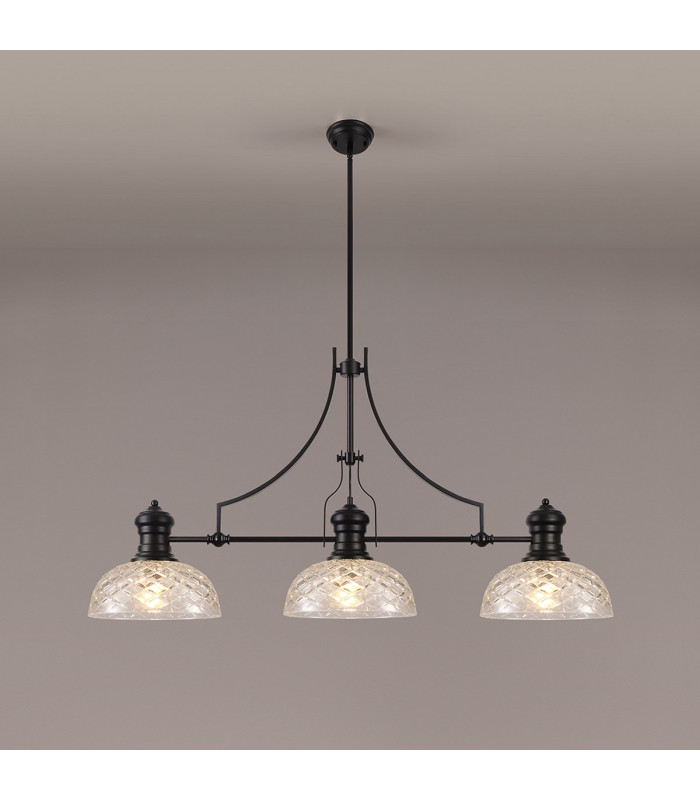 Cairo Linear Multi Height Pendant 30cm Flat Round Patterned Shade 3 x E27 Matt Black/Clear Glass-3
