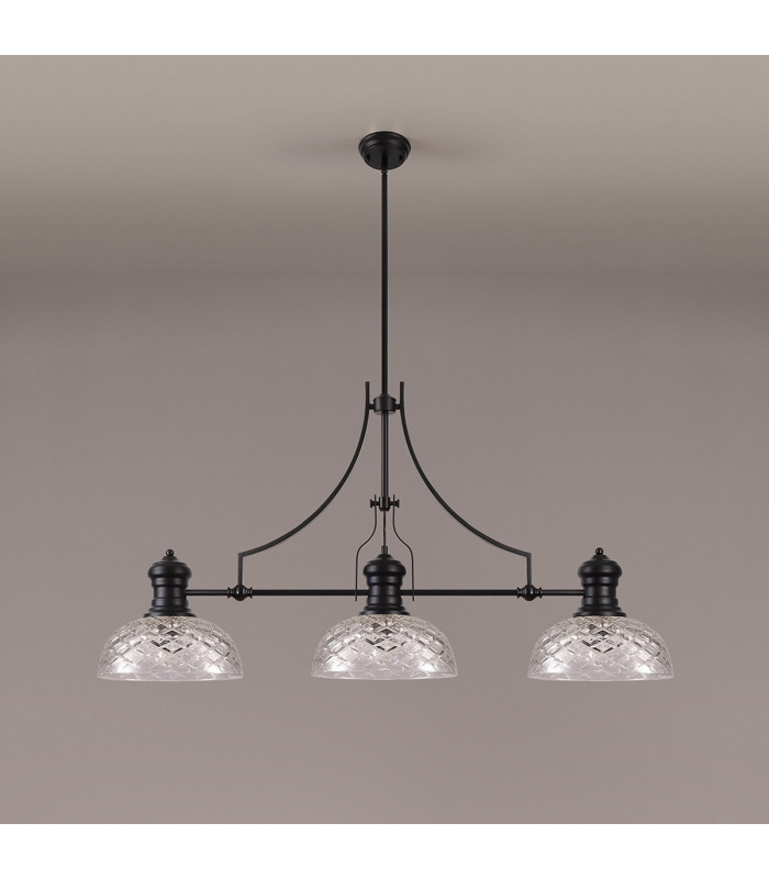 Cairo Linear Multi Height Pendant 30cm Flat Round Patterned Shade 3 x E27 Matt Black/Clear Glass-11
