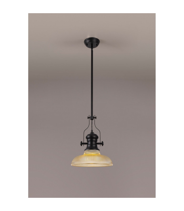 Cairo 1 Light Multi Height Pendant E27 30cm Round Glass Shade Matt Black/Amber-3