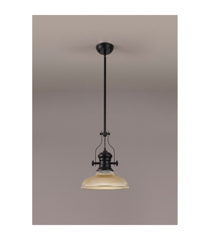Cairo 1 Light Multi Height Pendant E27 30cm Round Glass Shade Matt Black/Amber-11