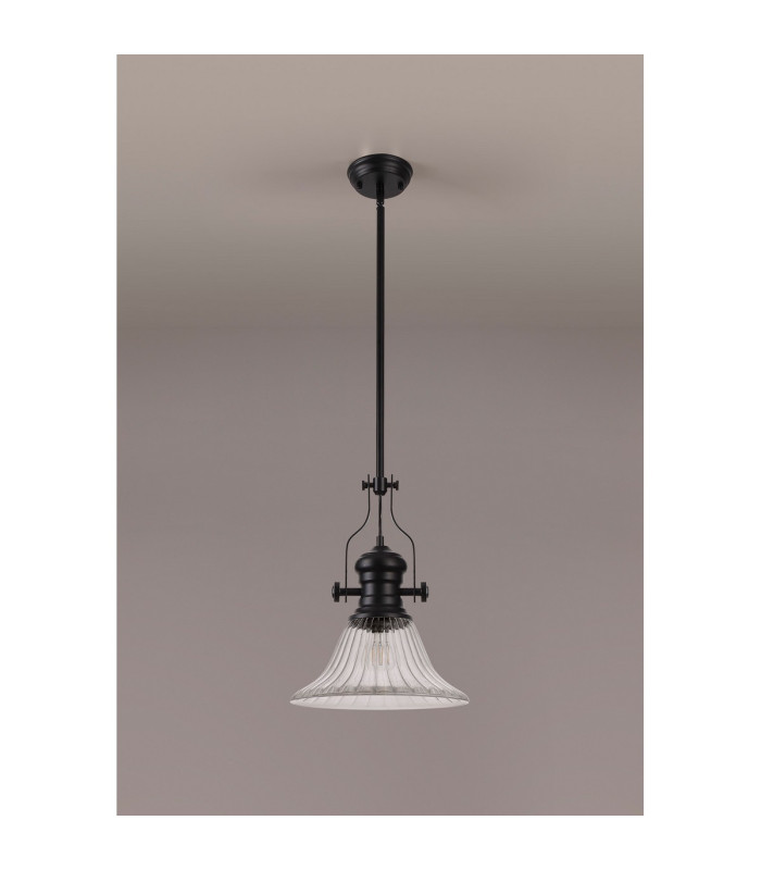 Cairo 1 Light Multi Height Pendant E27 30cm Bell Glass Shade Matt Black/Clear-11