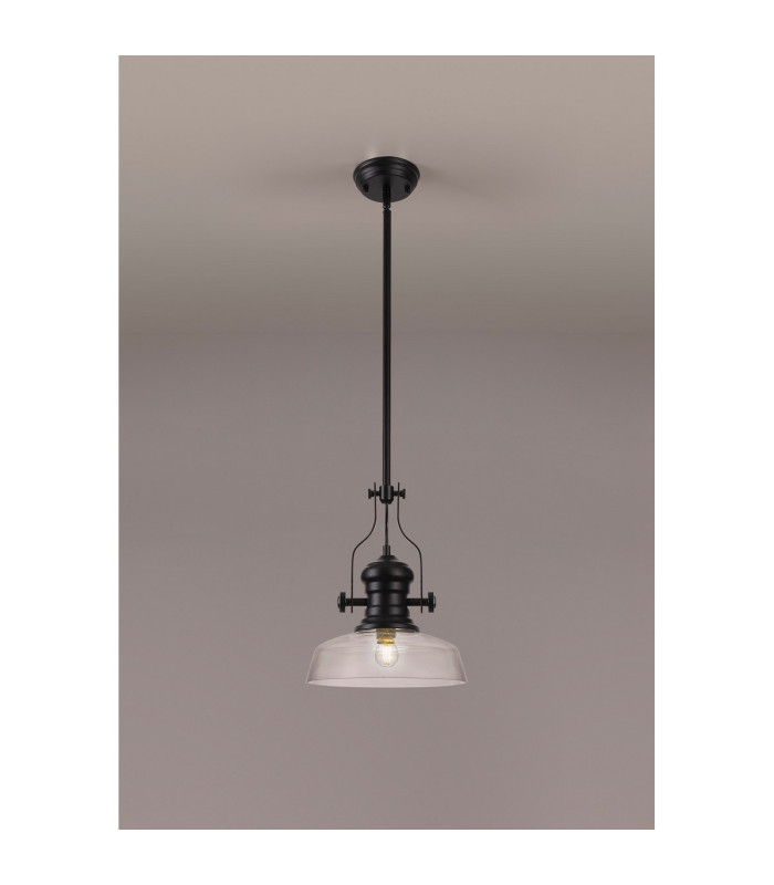 Cairo 1 Light Multi Height Pendant E27 30cm Flat Round Glass Shade Matt Black/Clear-3