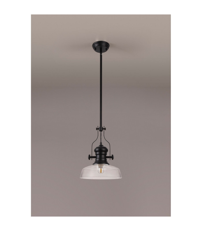 Cairo 1 Light Multi Height Pendant E27 30cm Flat Round Glass Shade Matt Black/Clear-11