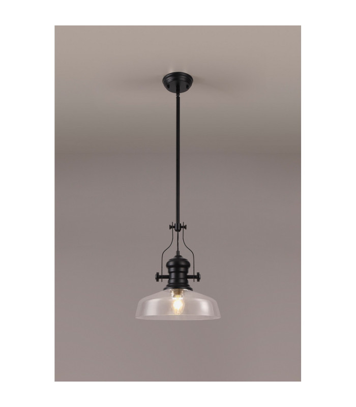 Cairo Multi Height Pendant 38cm Flat Round Shade 1 x E27 Matt Black/Clear Glass-3
