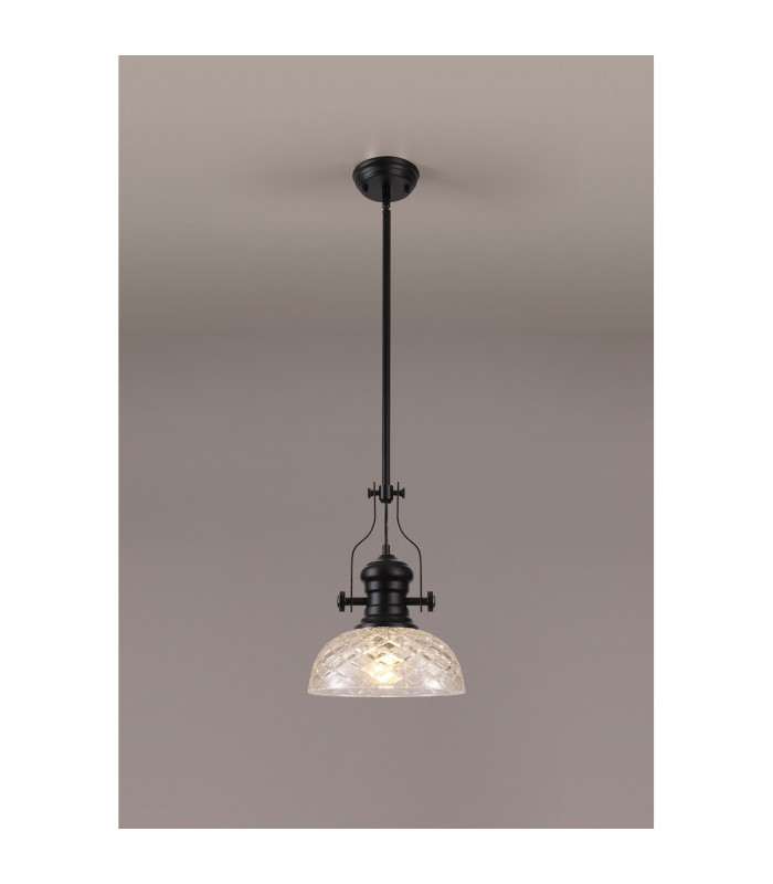 Cairo Multi Height Pendant 30cm Flat Round Patterned Shade 1 x E27 Matt Black/Clear Glass-3