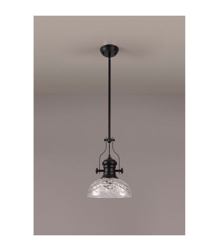 Cairo Multi Height Pendant 30cm Flat Round Patterned Shade 1 x E27 Matt Black/Clear Glass-11