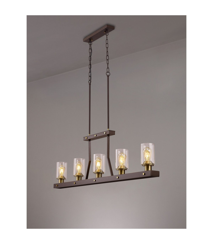 Preston Linear Pendant/Semi Flush 5 Light E27 Brown Oxide/Gold Bronze Clear Glass Shades-3