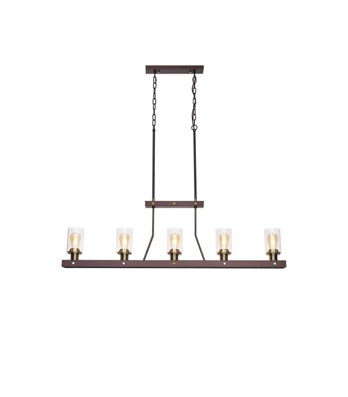 Preston Linear Pendant/Semi Flush 5 Light E27 Brown Oxide/Gold Bronze Clear Glass Shades-5