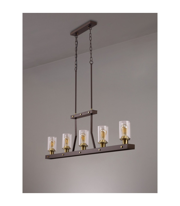 Preston Linear Pendant/Semi Flush 5 Light E27 Brown Oxide/Gold Bronze Clear Glass Shades-13