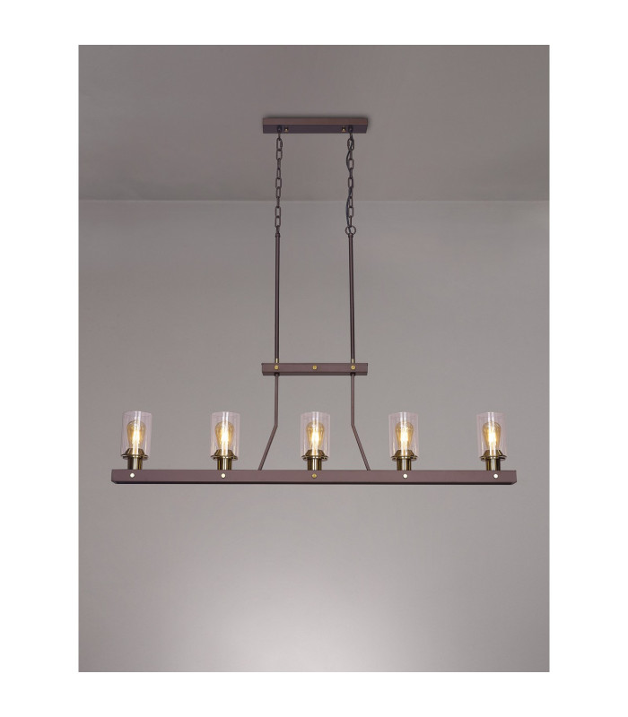 Preston Linear Pendant/Semi Flush 5 Light E27 Brown Oxide/Gold Bronze Clear Glass Shades-14