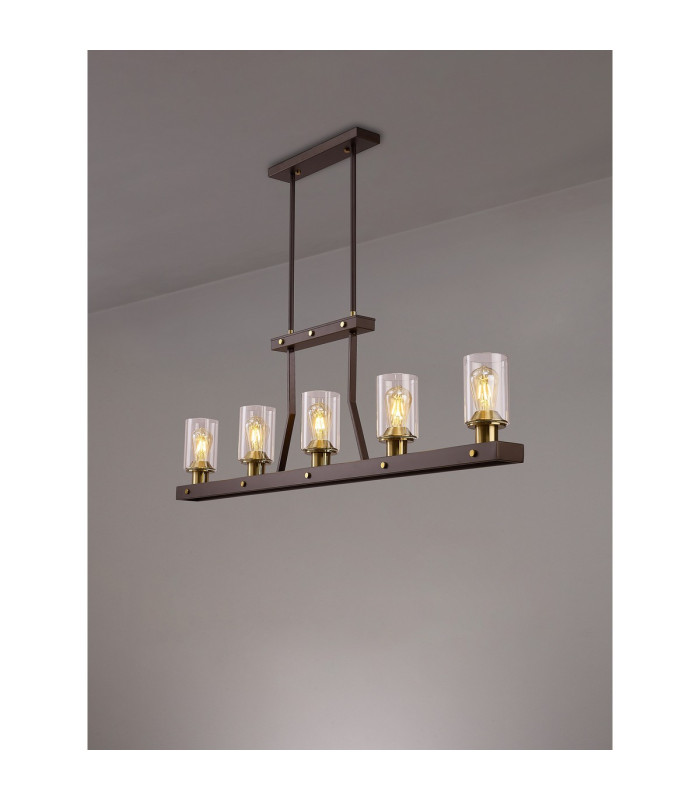 Preston Linear Pendant/Semi Flush 5 Light E27 Brown Oxide/Gold Bronze Clear Glass Shades-16