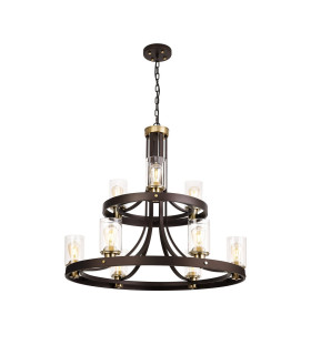 Preston 90cm 2 Tier Round Pendant 3+6 Light E27 Brown Oxide/Gold Bronze Clear Glass Shades-1