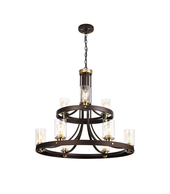 Preston 90cm 2 Tier Round Pendant 3+6 Light E27 Brown Oxide/Gold Bronze Clear Glass Shades-1