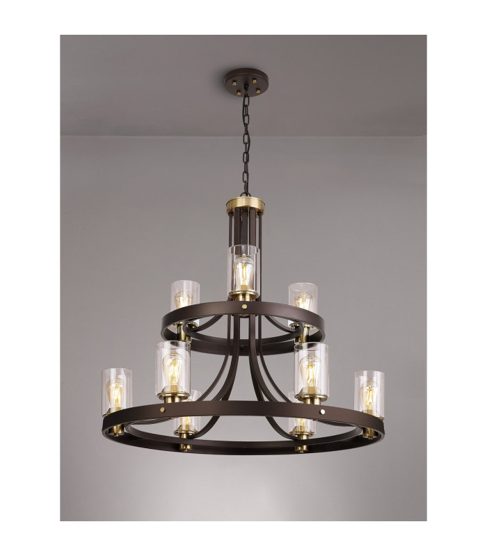 Preston 90cm 2 Tier Round Pendant 3+6 Light E27 Brown Oxide/Gold Bronze Clear Glass Shades-3