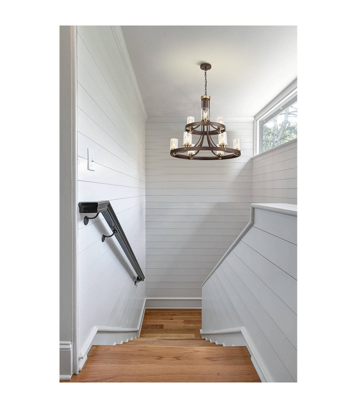 Preston 90cm 2 Tier Round Pendant 3+6 Light E27 Brown Oxide/Gold Bronze Clear Glass Shades-4