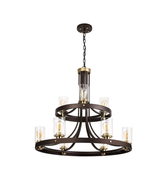 Preston 90cm 2 Tier Round Pendant 3+6 Light E27 Brown Oxide/Gold Bronze Clear Glass Shades-6