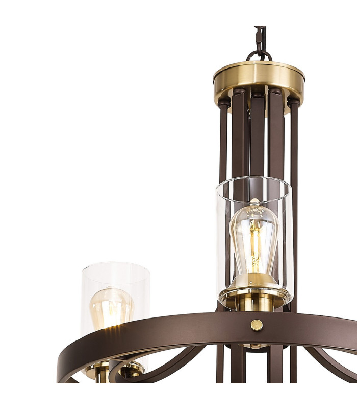 Preston 90cm 2 Tier Round Pendant 3+6 Light E27 Brown Oxide/Gold Bronze Clear Glass Shades-10