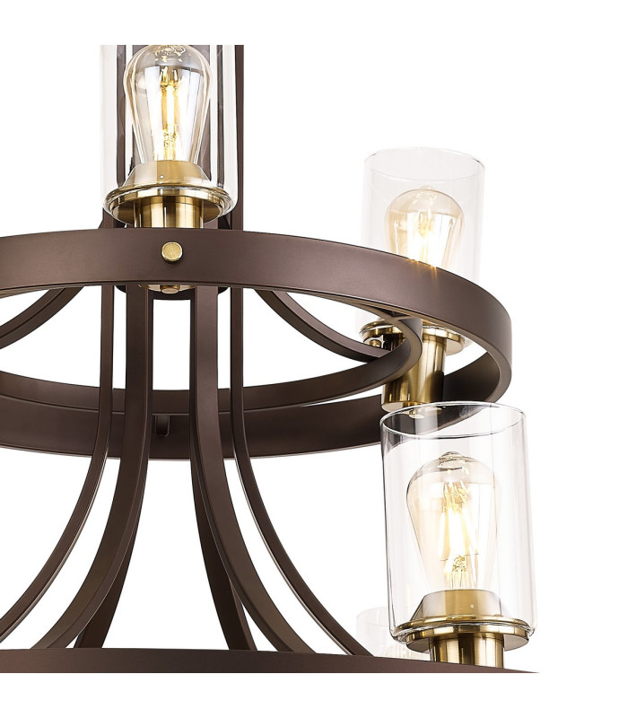Preston 90cm 2 Tier Round Pendant 3+6 Light E27 Brown Oxide/Gold Bronze Clear Glass Shades-11