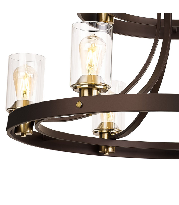 Preston 90cm 2 Tier Round Pendant 3+6 Light E27 Brown Oxide/Gold Bronze Clear Glass Shades-12