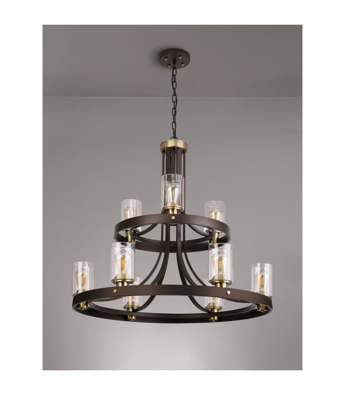 Preston 90cm 2 Tier Round Pendant 3+6 Light E27 Brown Oxide/Gold Bronze Clear Glass Shades-13