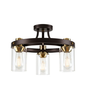 Preston 45cm Round Semi Flush Ceiling 3 Light E27 Brown Oxide/Gold Bronze Clear Glass Shades-1