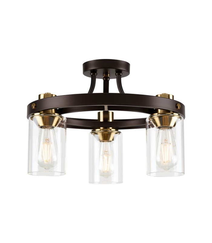 Preston 45cm Round Semi Flush Ceiling 3 Light E27 Brown Oxide/Gold Bronze Clear Glass Shades-1