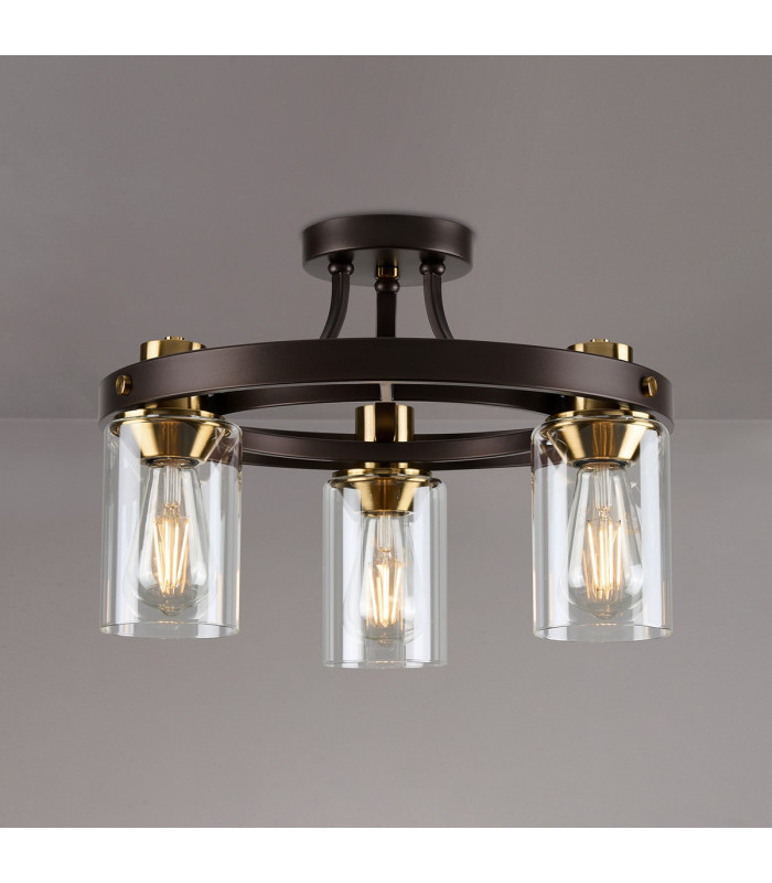 Preston 45cm Round Semi Flush Ceiling 3 Light E27 Brown Oxide/Gold Bronze Clear Glass Shades-3