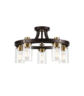 Preston 55cm Round Semi Flush Ceiling 5 Light E27 Brown Oxide/Gold Bronze Clear Glass Shades-1