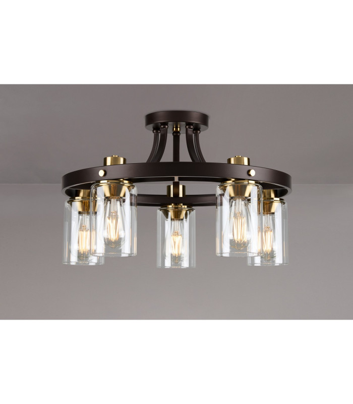 Preston 55cm Round Semi Flush Ceiling 5 Light E27 Brown Oxide/Gold Bronze Clear Glass Shades-3