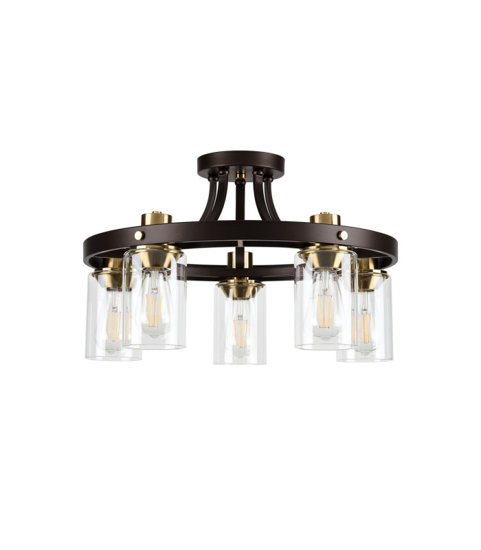 Preston 55cm Round Semi Flush Ceiling 5 Light E27 Brown Oxide/Gold Bronze Clear Glass Shades-4