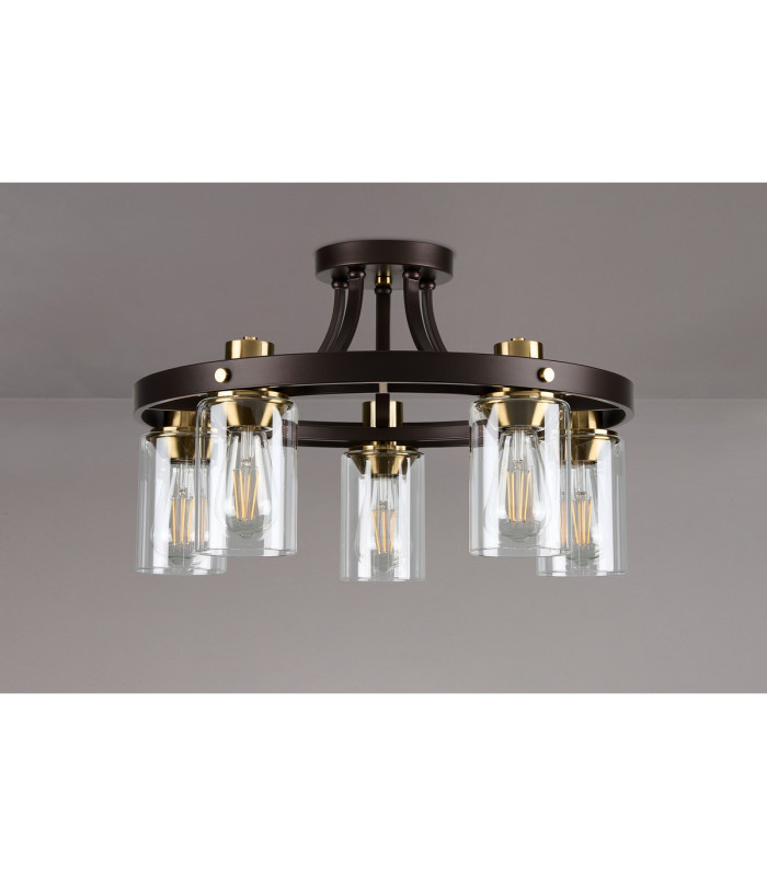 Preston 55cm Round Semi Flush Ceiling 5 Light E27 Brown Oxide/Gold Bronze Clear Glass Shades-8