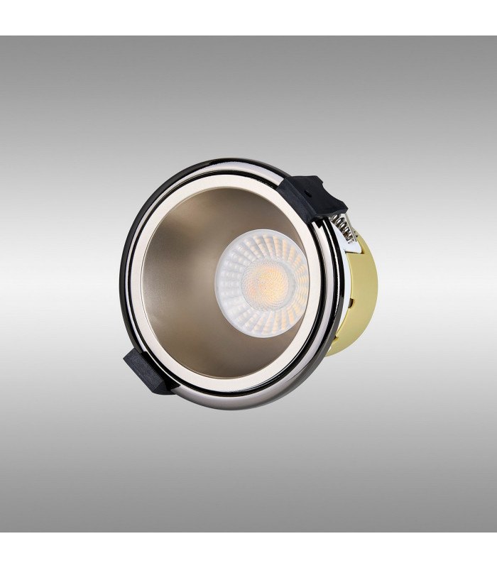Montauk 5/8W Triac Dimmable 4CCT LED Fire Rated Downlight Satin Nickel Inner & Black Chrome Trim
