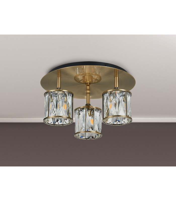 Keene 35cm Round 3 Light G9 Flush Antique Brass / Clear Crystal Shade-9