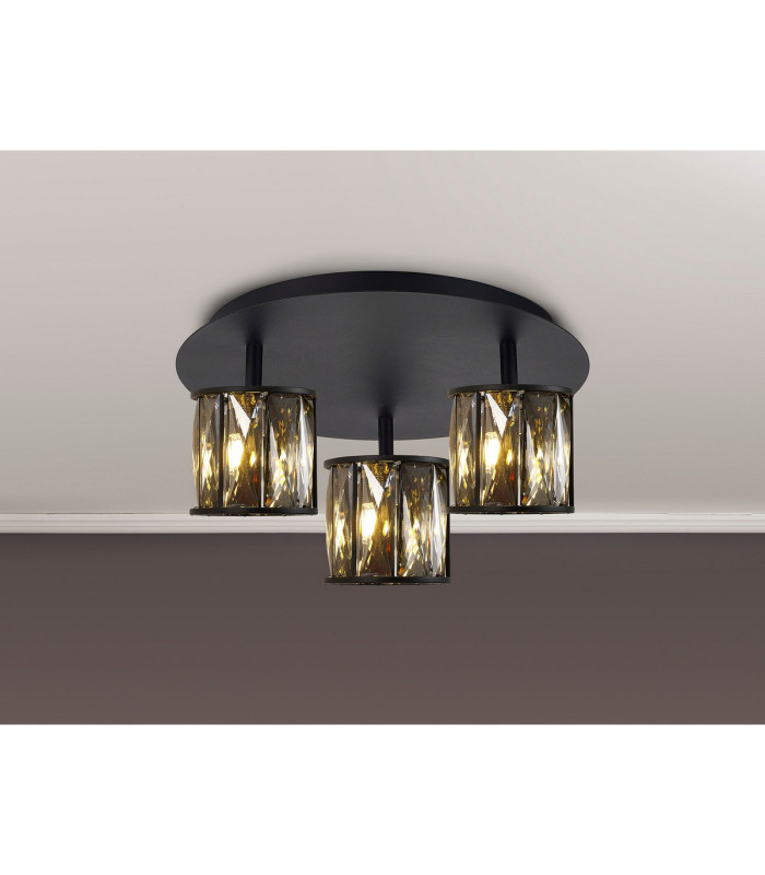 Keene Round 3 Light G9 35cm Flush Light Satin Black / Smoke Crystal Shade-3